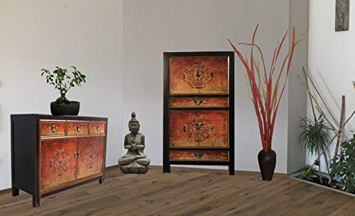 OPIUM OUTLET Combinación de armario chino y cómoda armario de boda, aparador de estilo colonial, estilo shabby chic, motivos coloridos (rojo y naranja)