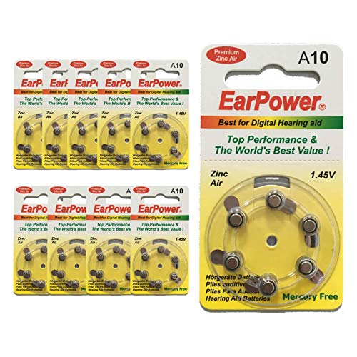 Pilas de Audífono EarPower Tamaño 10 Amarillo | Para Aparato Auditivo | Pack de 60 Unidades