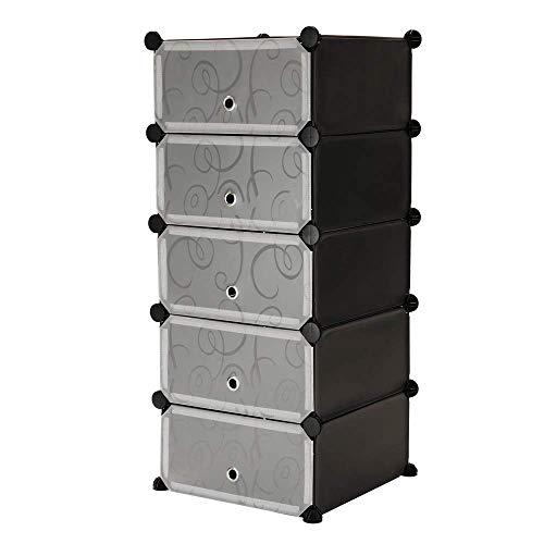 PrimeMatik - Armario Organizador Modular Estanterías de 5 Cubos de 17x35cm plástico Negro con Puertas y Dibujado