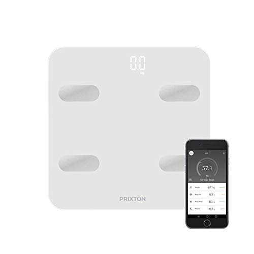 PRIXTON BC300 - Bascula de Baño Inteligente de Grasa Corporal con 4 Sensores de Alta Precision y 13 Funciones, Bluetooth, APP Compatible para 9 Usuarios, Unidad de peso KG/LB