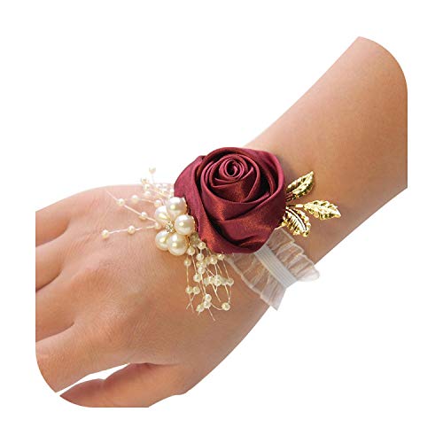 Pulsera de flores de arte para dama de honor de boda ramillete de poliéster cinta rosa flores perla arco Bridel regalos muñeca ramillete By53-vino