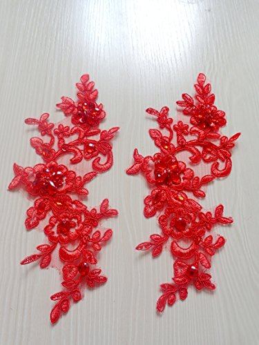 Rojo de encaje con brillantes strass cristales cuentas 8 x 23 cm ribete de Sew on apliques parches para coser vestidos Disfraces de bolsas decoración