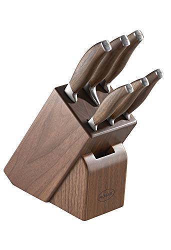 RÖSLE Passion - Bloque para cuchillos (7 piezas, madera de nogal con 6 cuchillos afilados, acero especial, madera de nogal con tapas de acero inoxidable, protección para los dedos