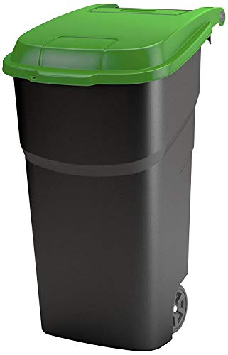 Rotho Atlas, Cubo de basura de 100 litros con tapa y ruedas, Plástico PP sin BPA, negro, verde, 100l 59.0 x 51.0 x 92.0 cm