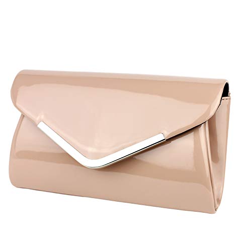 Schompi Bolso Tipo Clutch Para Mujer, Con Cadena De Hombro Desmontable, Charol, Color:Beige