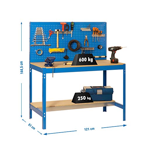 Simonrack 448100045126012 Banco de trabajo (1440 x 1200 x 600 mm, 2 estantes y 1 panel perforado, 600 kg-250 kg) color azul/madera, 1200 mm
