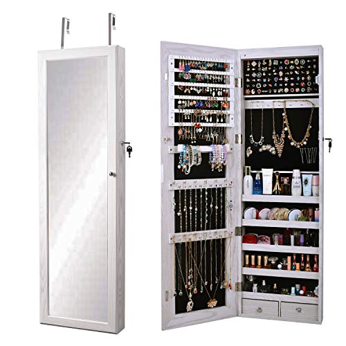 SogesHome Armario de joyería montado en la pared/puerta, espejo de longitud completa, organizador de joyas con cerradura para anillos, pendientes, pulseras, broches y maquillaje, blanco,SH-QH-7025-W
