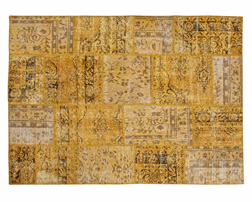 Sukhi Zehra: Diseñador Patchwork Alfombra Hecha a Mano Amarilla de Antiguas Alfombras Vintage (120cm x 170cm / 3' 11.2'' x 5' 6.9'')