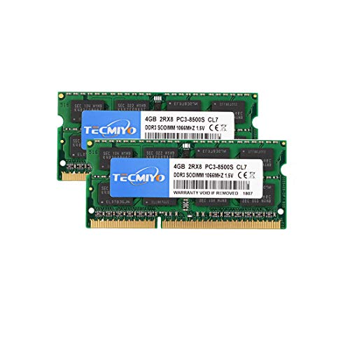 TECMIYO 8GB Kit(2X4GB) PC3-8500S DDR3 1066MHz/1067MHz Sodimm 2RX8 Dual Rank 204 Pin 1.5V CL7 Non-ECC Módulo de Memoria RAM de portátil sin búfer para Intel AMD y Sistema Mac