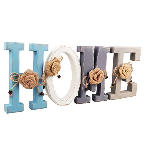Texto decorativo HOME, letra HOME de madera azul blanco gris home decoracion, 18 x 11,5 x 2,5 cm