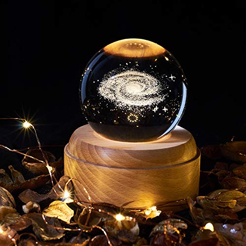 TTAototech Caja de música de cristal giratoria, luz nocturna de bola de cristal 3D con luz de proyección LED Base de madera, patrones de universo/luna/galaxia/tierra, regalo creativo de Navidad