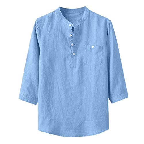 TUDUZ Camisetas Hombre Manga Larga 3/4 Color Sólido Camisas Algodon Y Lino Tops Botón Ropa De Cuello Alto (Azul, XL)