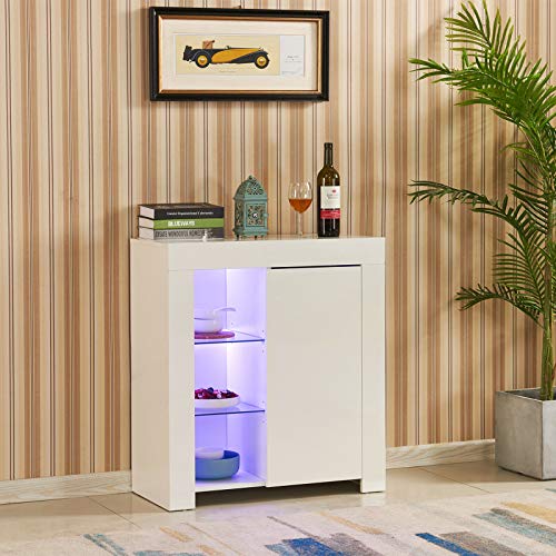 TUKAILAI - Aparador de armario con luces LED, color blanco brillante y mate, para comedor, sala de estar, cocina, oficina, 1 puerta