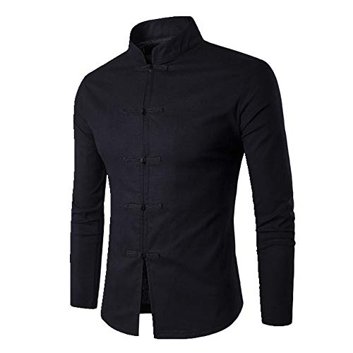 U/A - Camisa china tradicional china para hombre, manga larga, de lino, cuello de color sólido, camisas casuales Negro Negro ( XXL