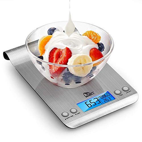 Uten Báscula Digital de Cocina Hangable Balanza Ultrafino de Acero Inoxidable 11Ib/5kg Peso de Cocina de Alimentos Multifuncional, Color Plata (Baterías Incluidas)