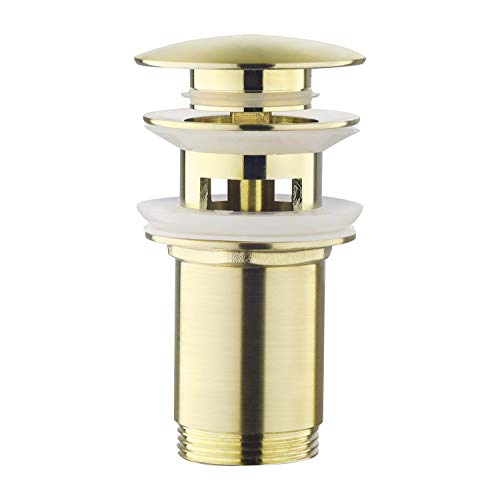 Válvula de desagüe con rebosadero, Keymark Universal Pop Up Válvula de desagüe para lavabo y lavabo, válvula push-open, desagüe de latón Click-Clack, color dorado cepillado