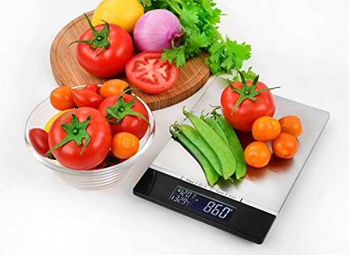 Venga! Báscula de Cocina, hasta 5 kg, Bandeja de Acero Inoxidable, Con Sensor de Temperatura y Reloj, Negro/Inox, VG EKS 3000