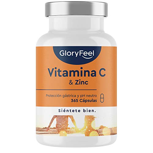 Vitamina C 1000mg + Zinc - 365 Cápsulas Veganas (Suministro 6 Meses) - Vitamina C Tamponada con Protección gástrica y pH neutro - Apoya el sistema inmunológico y reducen la fatiga - Sin aditivos
