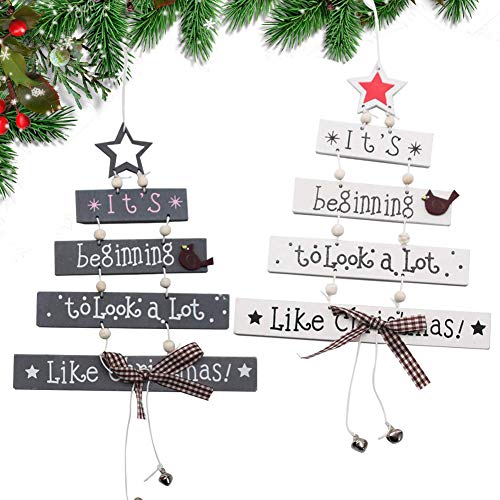 XCOZU Decoración de Navidad de Madera, 2 Piezas de árbol de Navidad Madera Decoración para Ventana Puerta Pared, Colgante de Madera Creativa Manualidades Regalos de Fiesta, Blanco y Gris