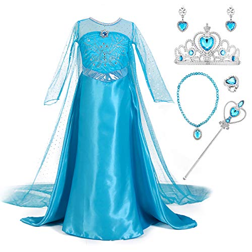 YOSICIL Niñas Vestido de Princesa Elsa Disfraz Reina Frozen Elsa Accesorios Traje de Fiesta Cosplay Vestido de Tutú Costume Azul Vestido de Fiesta de Cumpleaños Fancy Dress 110-150cm 3-9Años