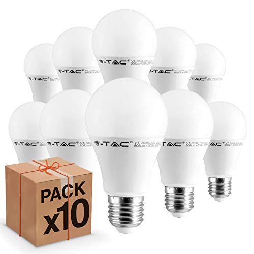 10 bombillas LED V-Tac E27, 9 W (806 lúmenes equivalentes a 60 W), forma: bulbo, luz blanca cálida, natural o fría