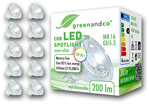 10 unidades de spots LED greenandco® IRC 90+ MR16 GU5.3 3W (corresponde a 20W) 200lm 2700K (blanco cálido) COB LED 38° 12V AC/DC
