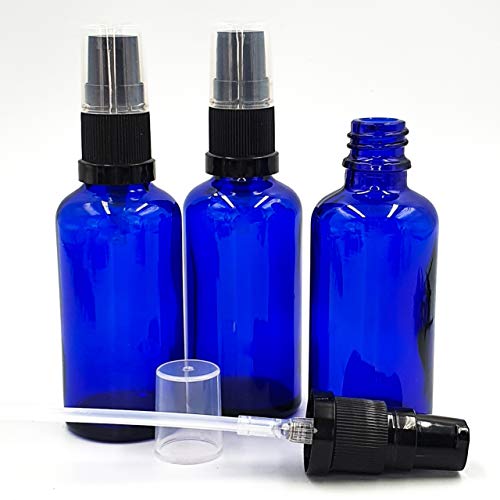 3 x botellas de cristal azul 50ml frasco con bomba negra tratamiento/loción. Calidad óptima botella de cristal vacía azul para aromaterapia, arte, manualidades, primeros auxilios, tamaño de viaje para belleza, geles, sérums y lociones