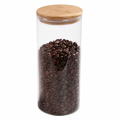 77L [Versión Engrosada] 1550 ML (52.36 FL OZ) Envase de grano de café de cristal, tarro de cristal de almacenamiento de alimentos con tapa hermética de bambú del sello para servir té, café