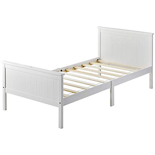 belupai Marco de cama de madera con cabecero y pie de cama, cama de madera de pino para dormitorio infantil, color marfil