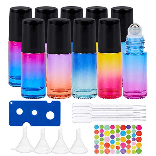 BENECREAT 10 Pack 5ml Botellas de Vidrio de Color Arcoíris con Tapas Negro, 4 Embudo de Plástico, 10 Gotero de Plástico y 1 Abridor para Aceites Esenciales