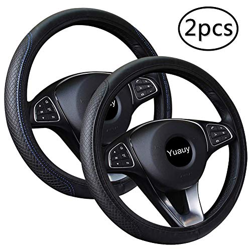BESLIME Steering Wheel Covers, 2PCS Universal Car Steering Wheel Cover, Leather Anti Slip Protector for Automotive Interior 37-38cm (black & dark blue)
