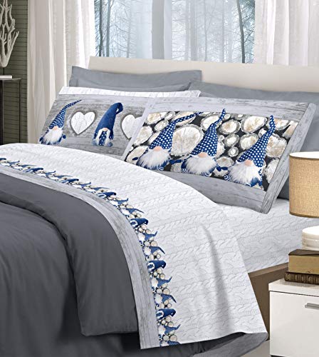 BIANCHERIAWEB Juego de sábanas de la línea Pensieri Delicati, 100% algodón, diseño de gnomos, azul, para cama de matrimonio