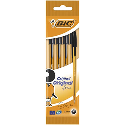 BIC Cristal Original Fine - Bolígrafos punta fina (0.8 mm), Blíster de 4 unidades, Color Negro