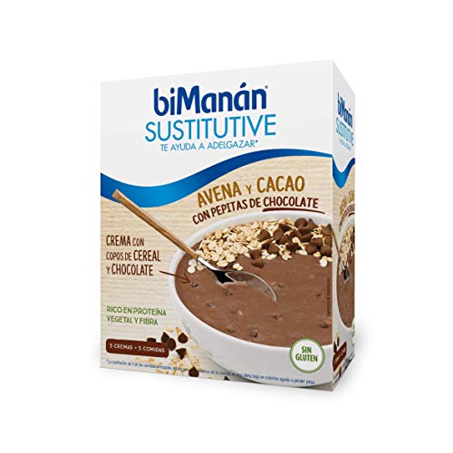 BiManán - Crema Sustitutiva de Avena con Cacao y Pepitas de Chocolate, para ayudarte a controlar tu peso - Caja de 5 unidades