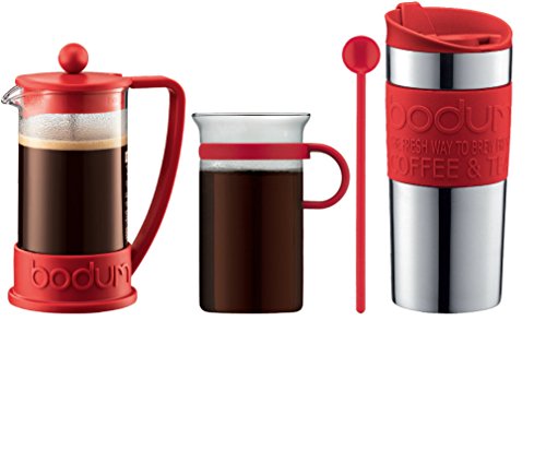 Bodum - K10948-294 - Coffe Set - Set de café - cafetera 3 Tazas - 0,35 l + mug de Viaje - 0,35 l + 1 Taza de Cristal - 0,3 l + 1 charilla - Color Rojo