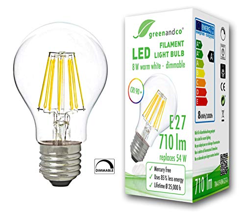 Bombilla de filamento LED greenandco® IRC 90+ regulable E27 8W (corresponde a 54W) 710lm 2700K (blanco cálido) 360° 230V AC vidrio, sin parpadeo