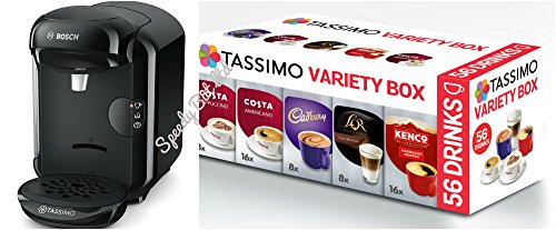 Bosch Tassimo Vivy 2 T14 TAS1402GB 0,7 litros, 1300 W cafetera negra + cápsulas de café en T Discs Pods 56 bebidas