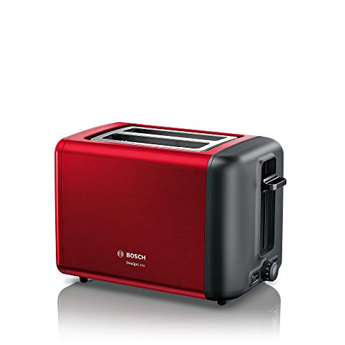 Bosch TAT3P424DE DesignLine - Tostadora compacta, función de descongelación y calentamiento, accesorio para panecillos retráctil, apagado automático, 970 W, color rojo