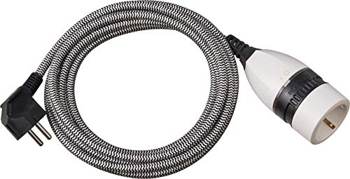 Brennenstuhl Cable alargador de corriente textil 3 metros con interruptor iluminado (alargador eléctrico, cable de 3 m, interruptor giratorio) negro/blanco