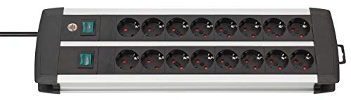 Brennenstuhl Premium-Alu-Line regleta enchufes con 16 tomas de corriente y 2 interruptores individuales (cable de 3 m, interruptor iluminado, Fabricado en Alemania) plateado/negro