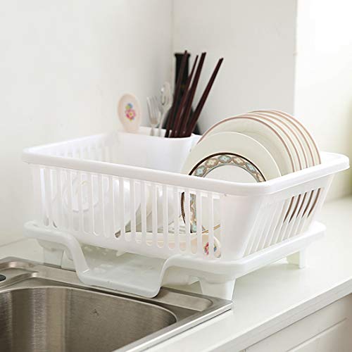 BSPAS Escurridor de plástico con bandeja de goteo para platos de cocina (blanco)