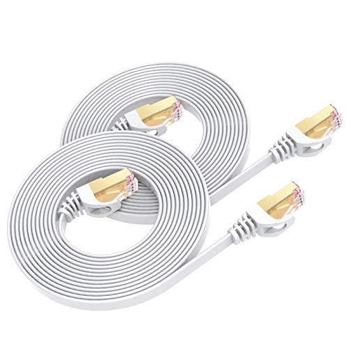 Cable Ethernet Cat7 de 2M(2PCS), BUSOHE Cable de Red Plano RJ45 Gigabit LAN de Alta Velocidad, Cable de Conexión a Internet de 10Gbps y 600Mhz para Switch, Rúter, Módem, Panel de Conexión, PC (Blanco)