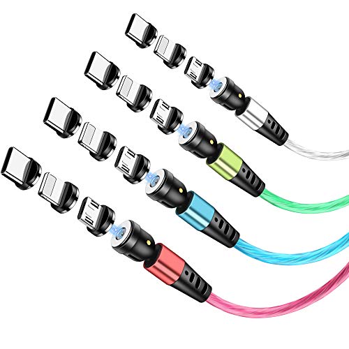 Cable USB magnético 3 en 1, [4 unidades, 2 m + 2 m + 2 m + 2 m, 12 adaptadores] 3 A, cable de carga magnético LED rápido 360 ° y 180 ° de rotación magnético, compatible con Micro USB/Tipo C/iProduct