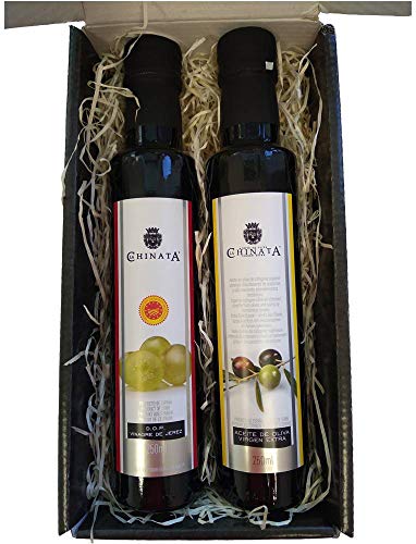 Cajita Regalo con Aceite de Oliva Virgen Extra y Vinagre de Jerez 250 ml (cristal) en caja de cartón negra con frase