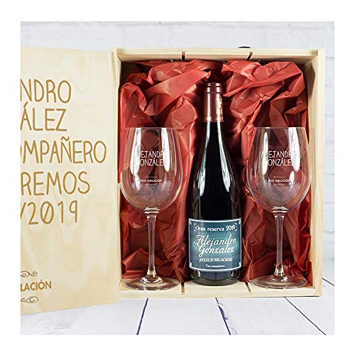 Calledelregalo Regalo para jubilación: Kit Personalizado con Botella de Vino + Copas de Vino en Caja de Madera