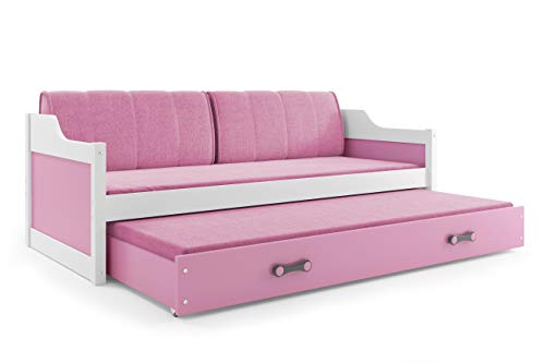 Cama nido DAVID, 200x90, COLOR BLANCO, ROSA - con colchones de espuma, almohadas y somieres DE REGALO!