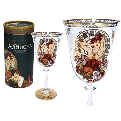 Carmani - Bonita copa de vino decorada con pintura de amatista de Alphonse Mucha, 350 ml