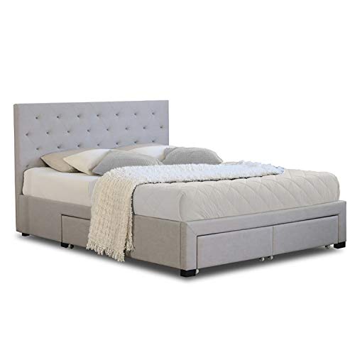 Cómoda cama de matrimonio moderna gris elegante con 4 cajones de almacenamiento