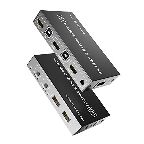 Conmutador HDMI USB 2 Puertos, KVM Switch HDMI USB, 2 PC 1 Monitor 1 Teclado Ratón, Ultra HD 4k @ 30Hz, 3 USB 2.0, Con Cables de Alimentación Y USB, Impresora Soporte, Disco U, Escáner