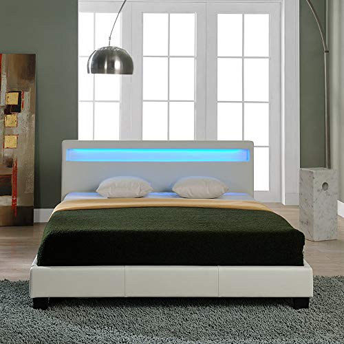 Corium] Cama de Matrimonio de Cuero sintético (París) - con colchón y con Sistema de iluminación LED (180x200cm) - (Blanco)
